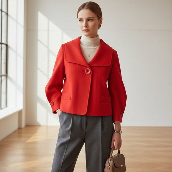 Ellen Tracy Bright Red Wool & Angora Blend Short Jacket Balloon Sleeve Sz 10 - Picture 1 of 9